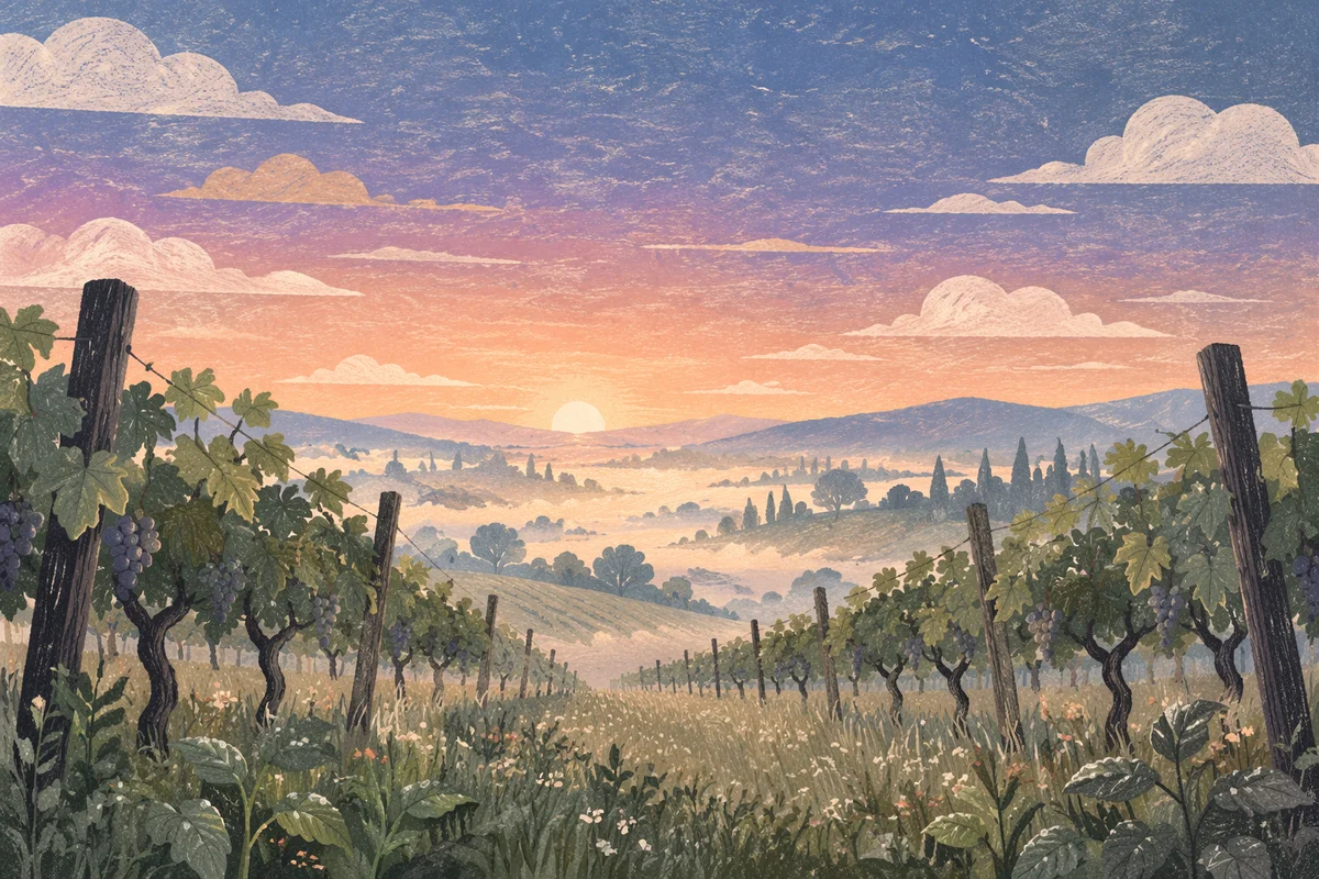 Misty Evergreen Vineyard Rows at Dawn