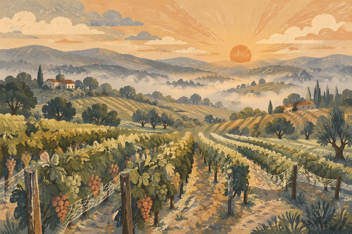 Misty Evergreen Vineyard Rows at Sunrise