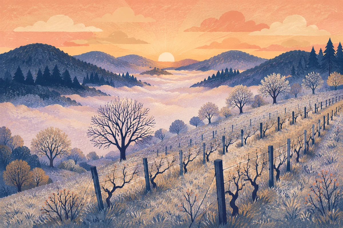 Misty Dawn Vineyard Rows in Evergreen Hills
