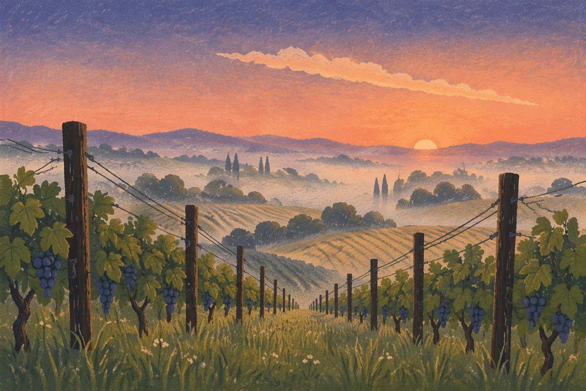 Morning Mist Over Evergreen Vineyard Rows