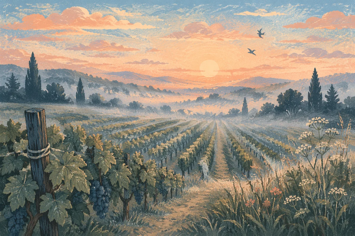 Misty Vineyard Rows at Evergreen Dawn