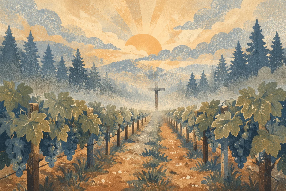 Morning Mist Vineyard Rows with Wooden Cross