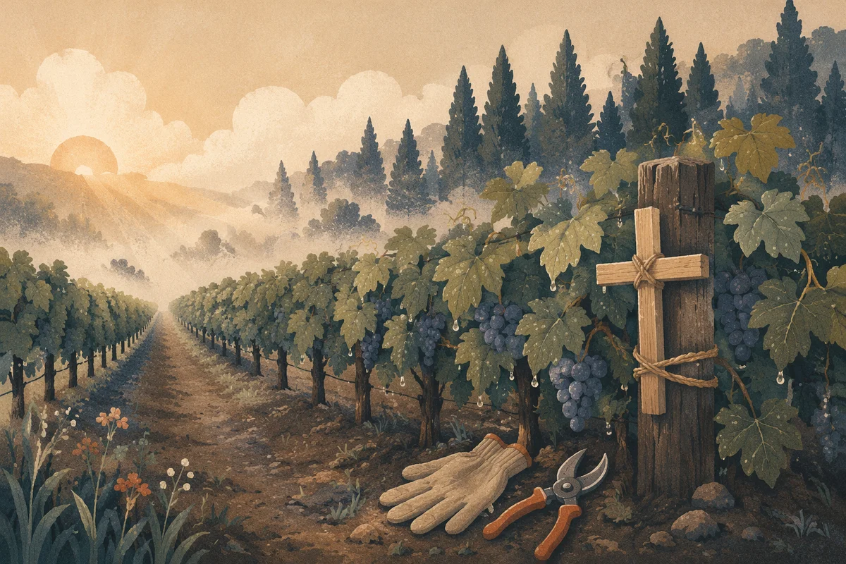 Morning Mist Vineyard with Wooden Cross