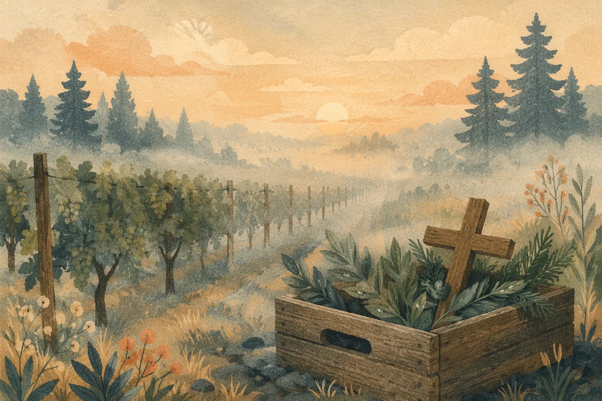 Misty Vineyard Cross at Sunrise