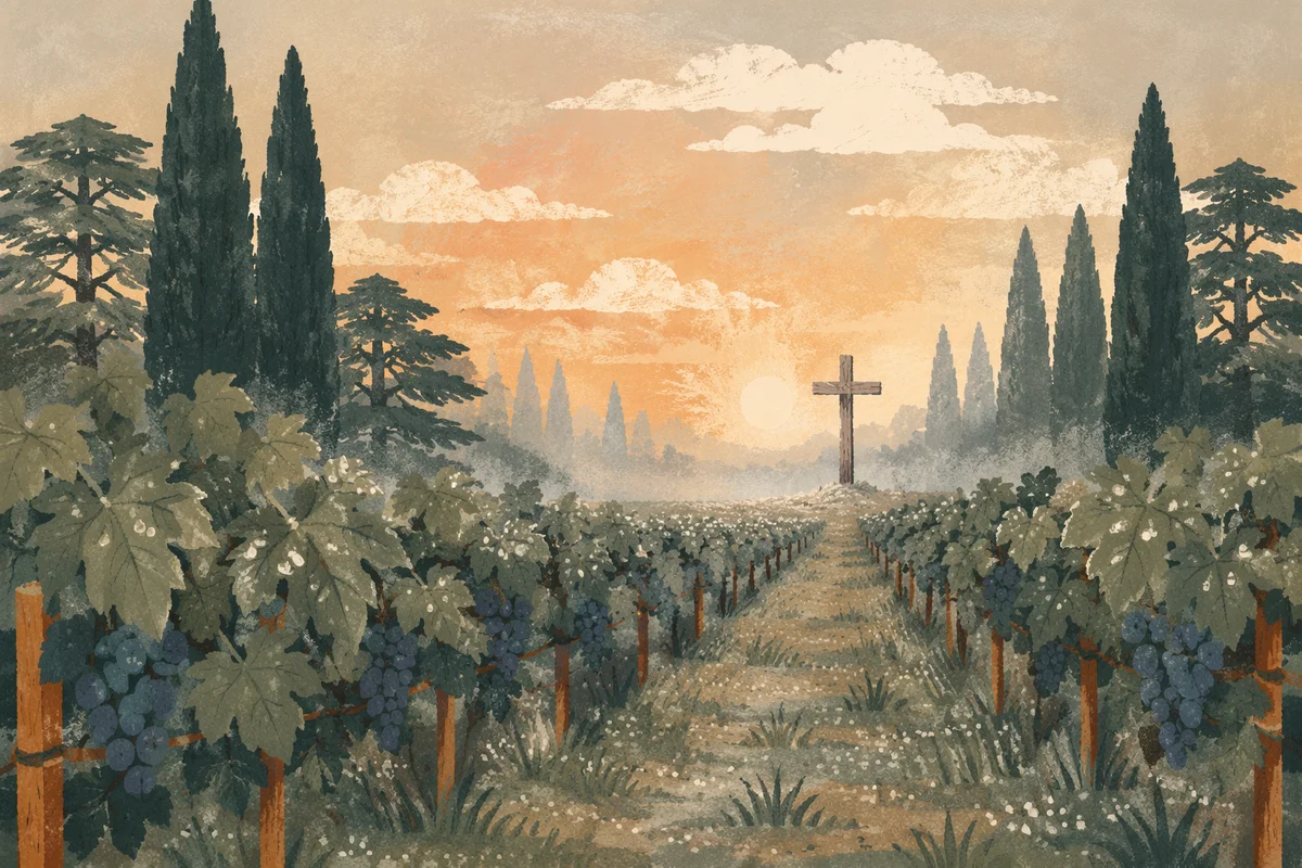 Morning Mist Vineyard with Wooden Cross