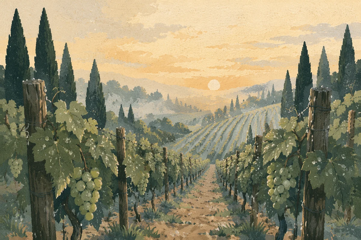 Morning Mist Vineyard Rows with Evergreens