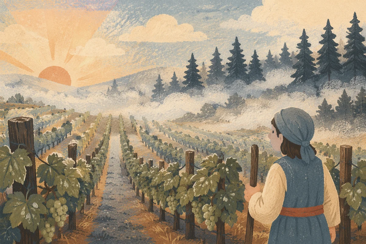 Morning Mist Over Evergreen Vineyard Rows