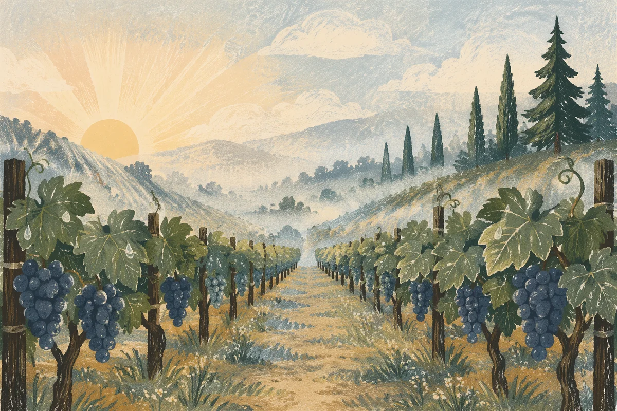 Morning Mist Vineyard with Evergreen Pines