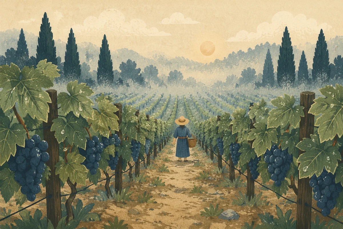 Morning Mist Vineyard Rows with Evergreens