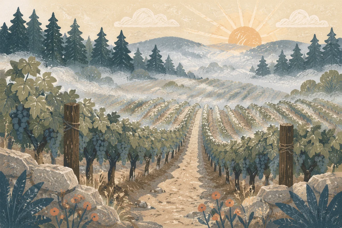 Morning Mist Over Curved Vineyard Rows