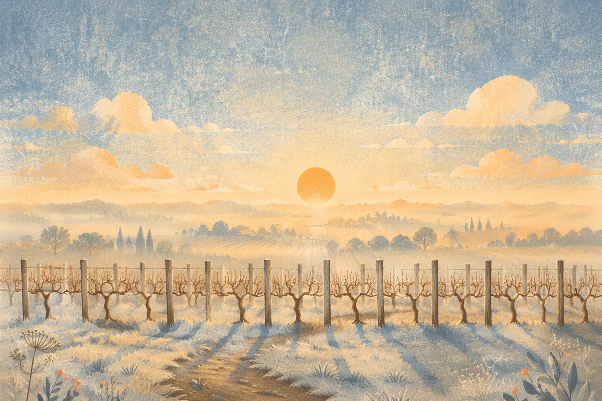 Quiet Vineyard Rows in Morning Mist