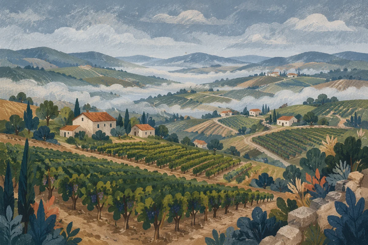 Morning Mist Over Evergreen Vineyard Rows