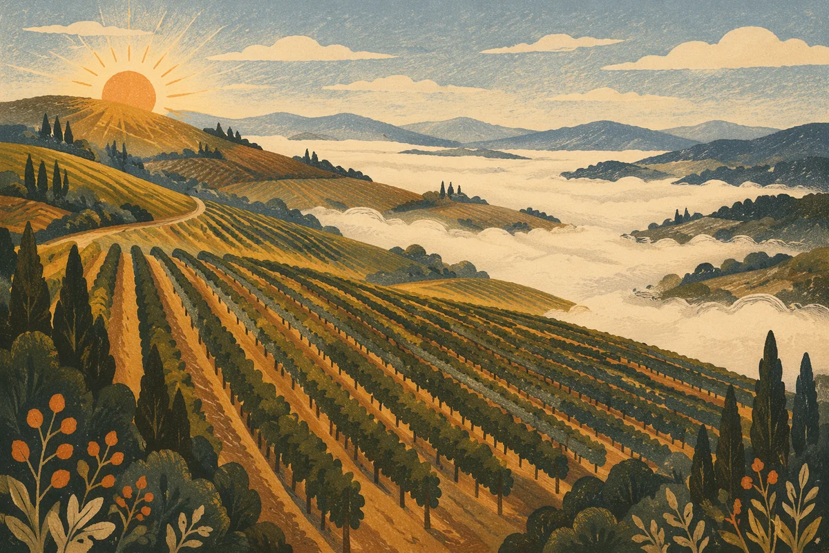 Morning Mist Over Evergreen Vineyard Rows