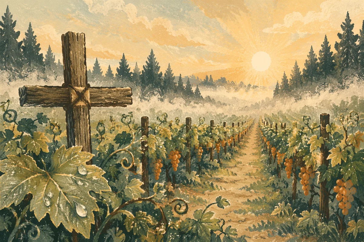 Morning Mist Vineyard Cross with Evergreen Pines