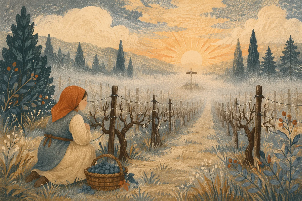 Morning Mist Vineyard with Evergreen Cross