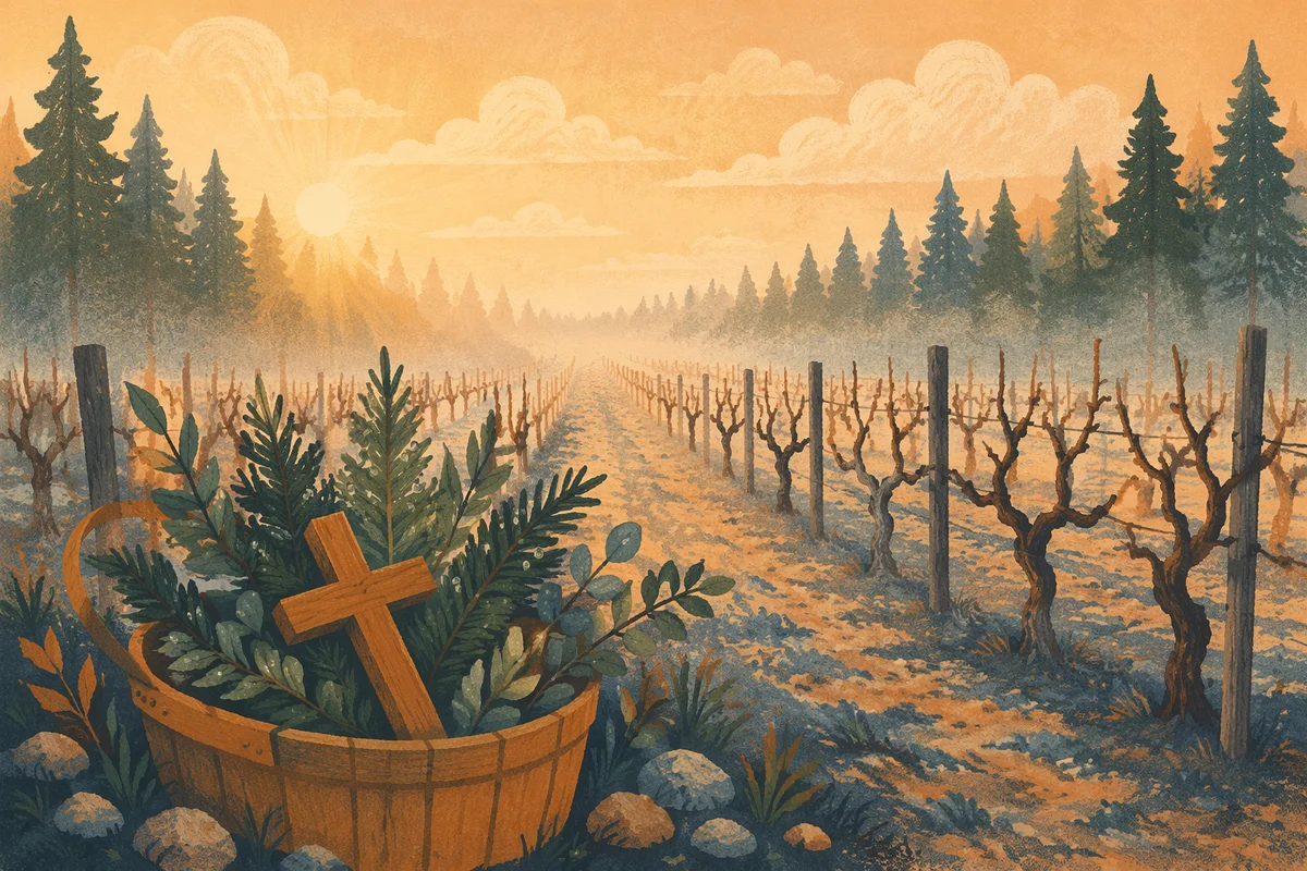 Misty Vineyard Dawn with Evergreen Cross