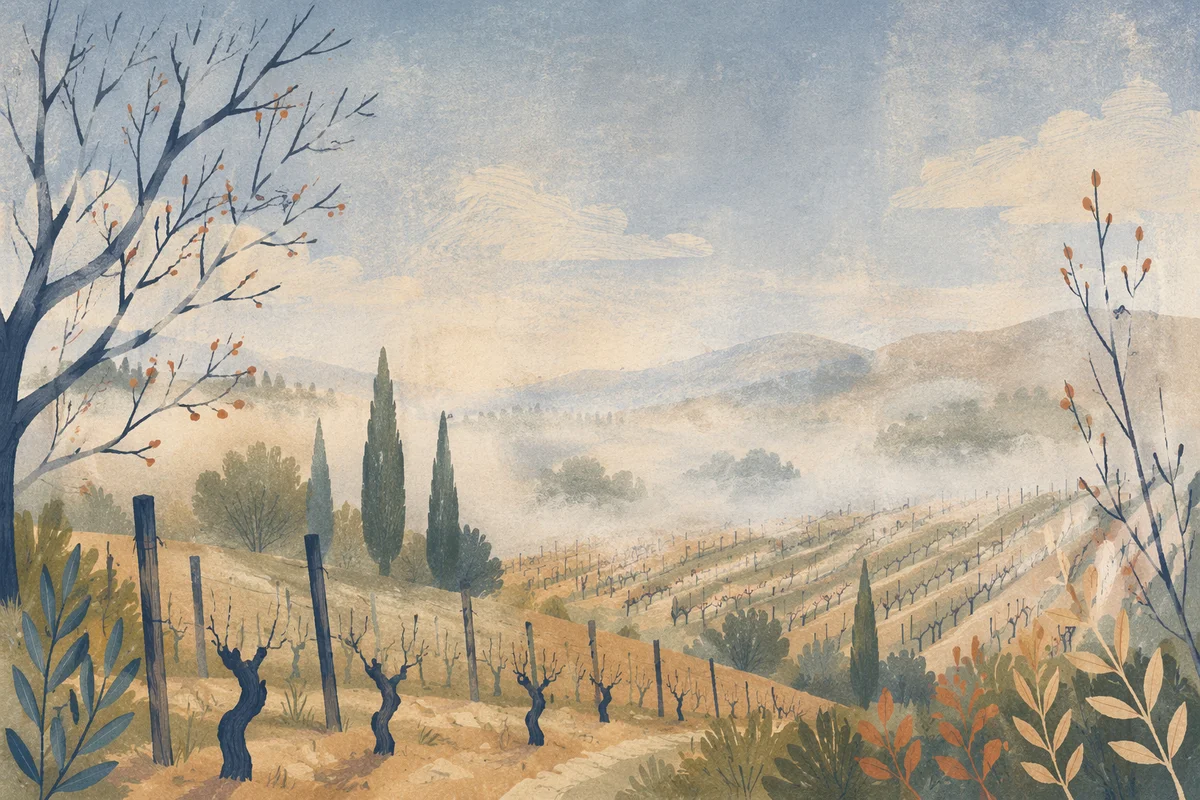 Misty Morning Vineyard Rows at Dawn