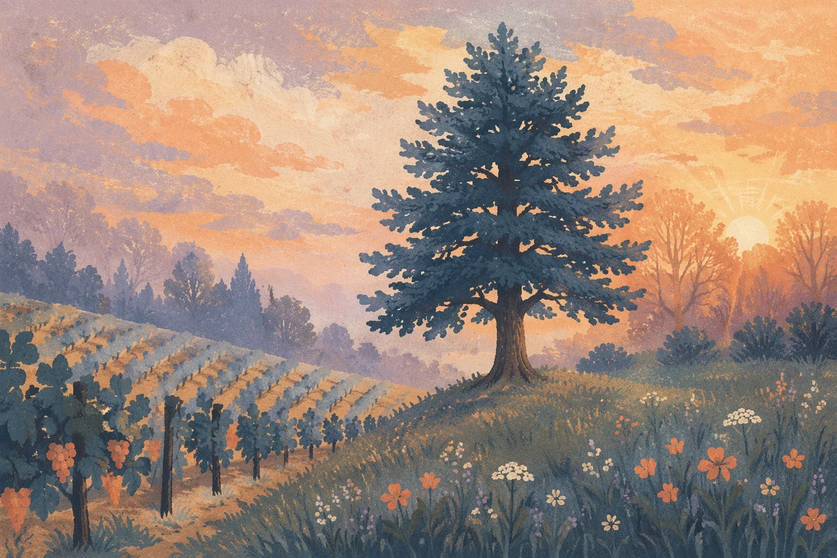 Morning Mist Vineyard with Evergreen Tree