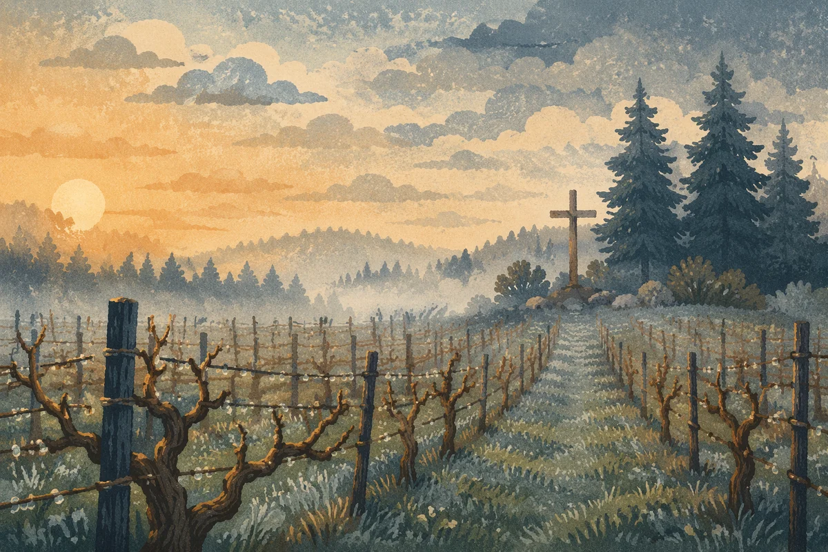 Morning Mist Vineyard with Wooden Cross