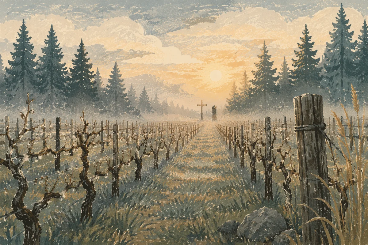 Morning Mist Vineyard with Wooden Cross
