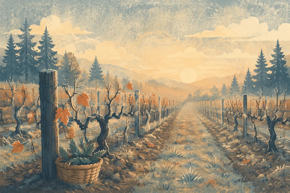 Morning Mist Vineyard with Evergreen Sprigs