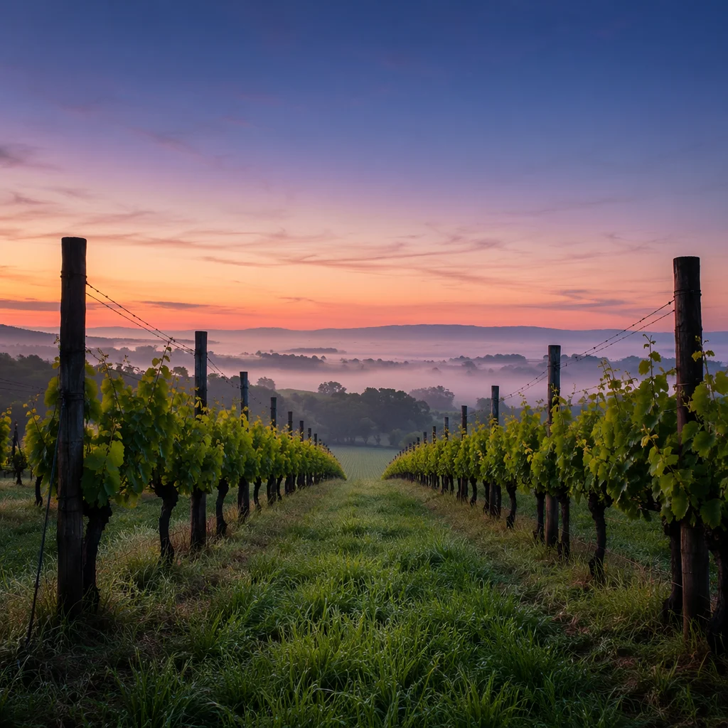Misty Dawn Vineyard Rows with Evergreen Vines