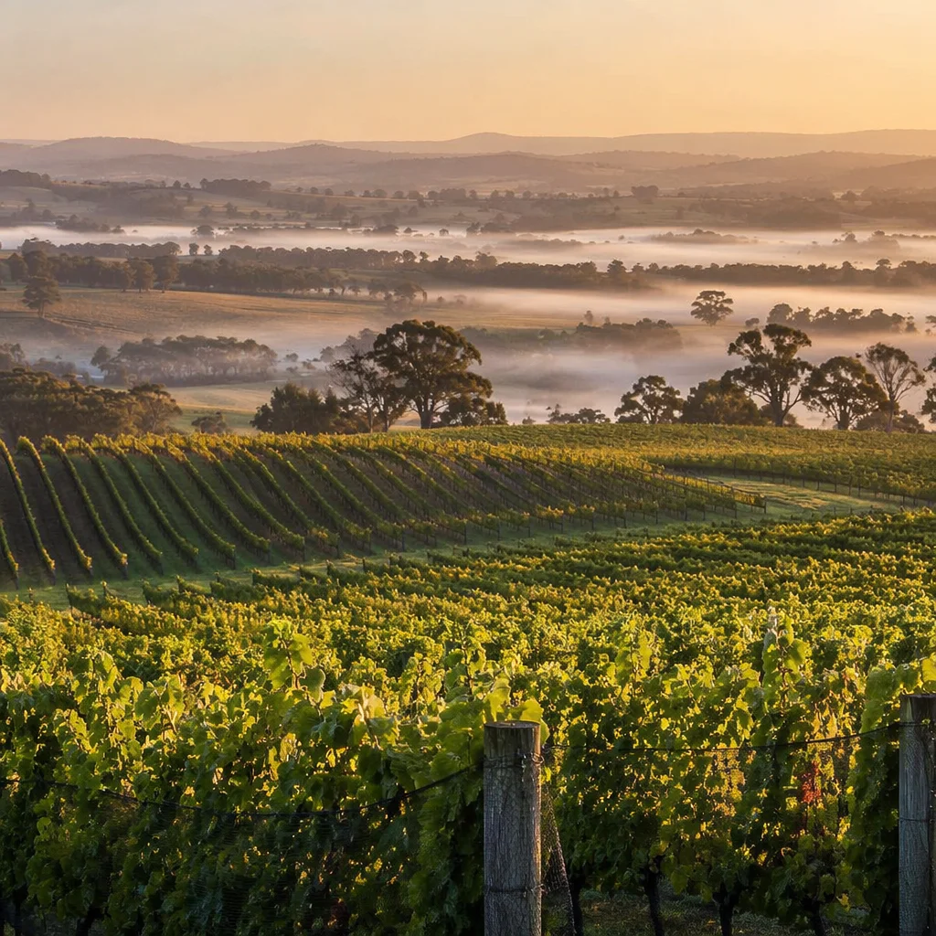 Morning Mist Over Evergreen Vineyard Rows