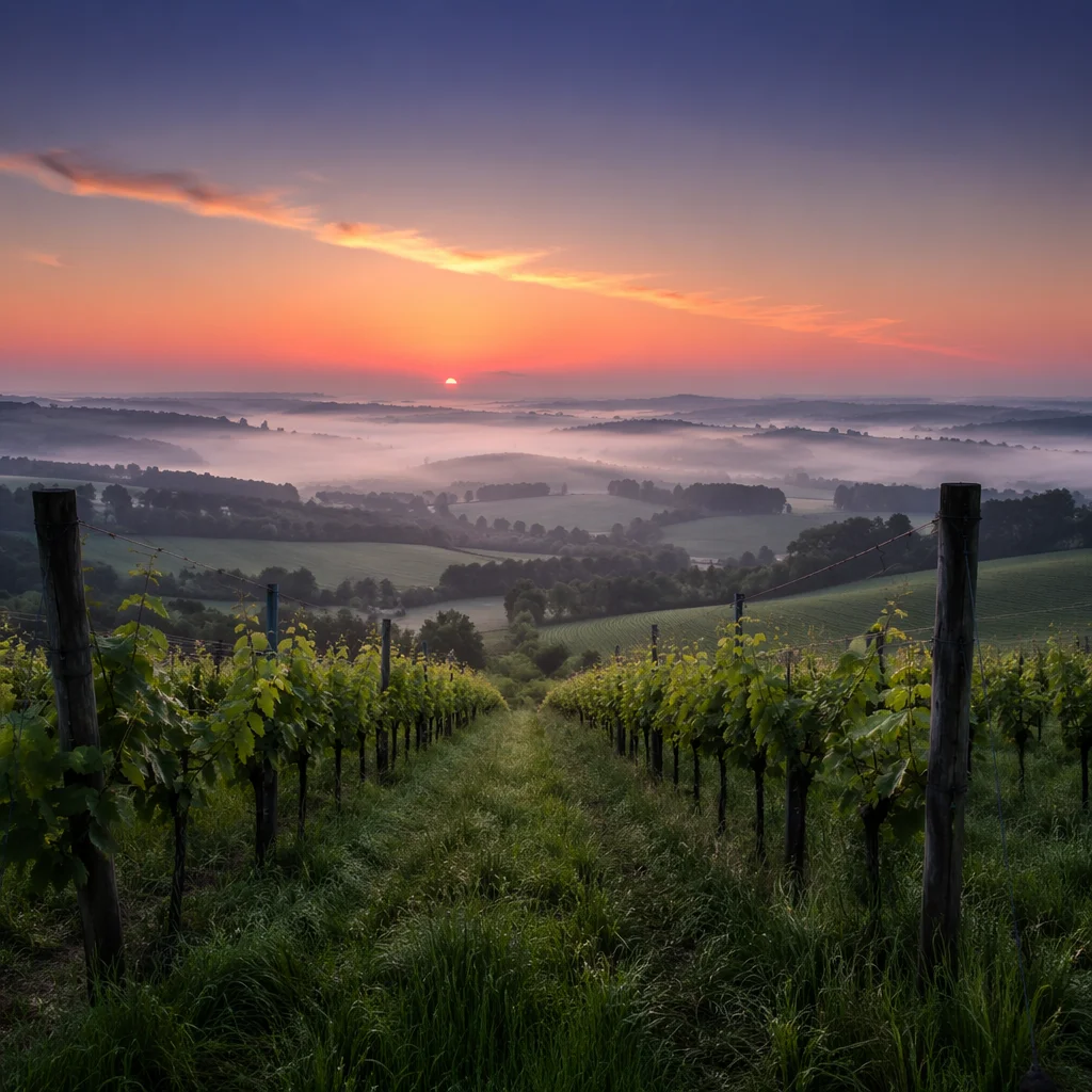 Morning Mist Over Evergreen Vineyard Rows