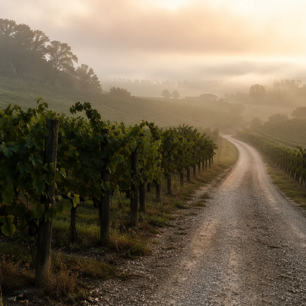 Morning Mist Over Evergreen Vineyard Rows