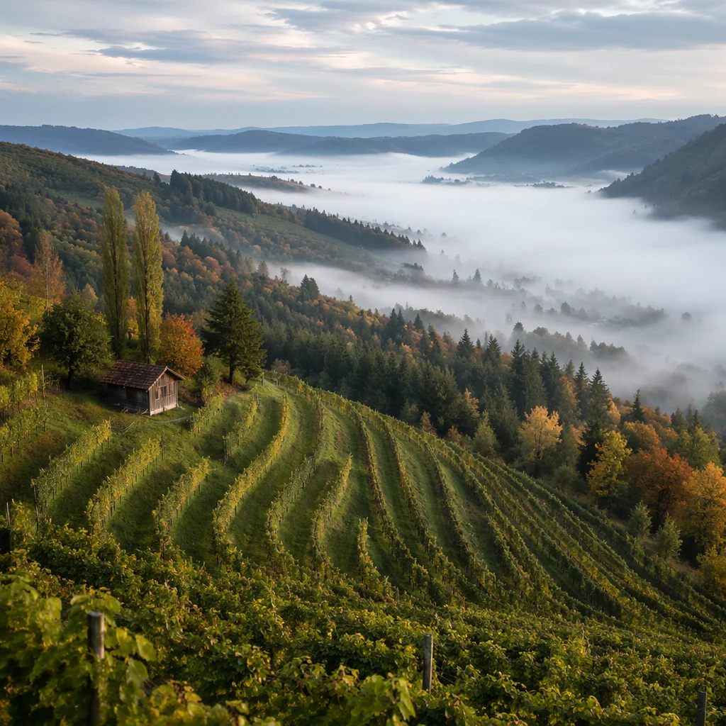 Morning Mist Over Evergreen Vineyard Rows