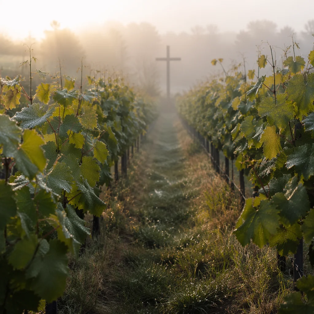 Morning Mist Vineyard Path to Cross