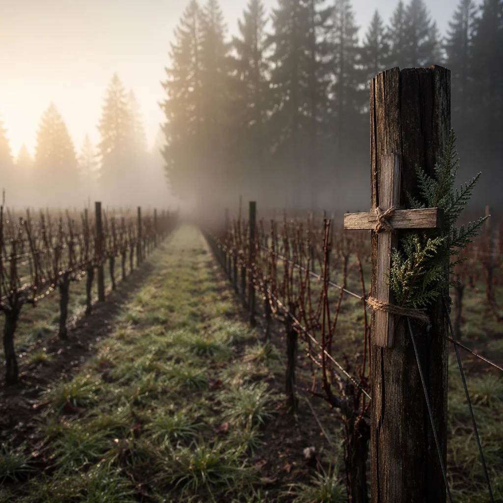 Morning Mist Vineyard with Wooden Cross