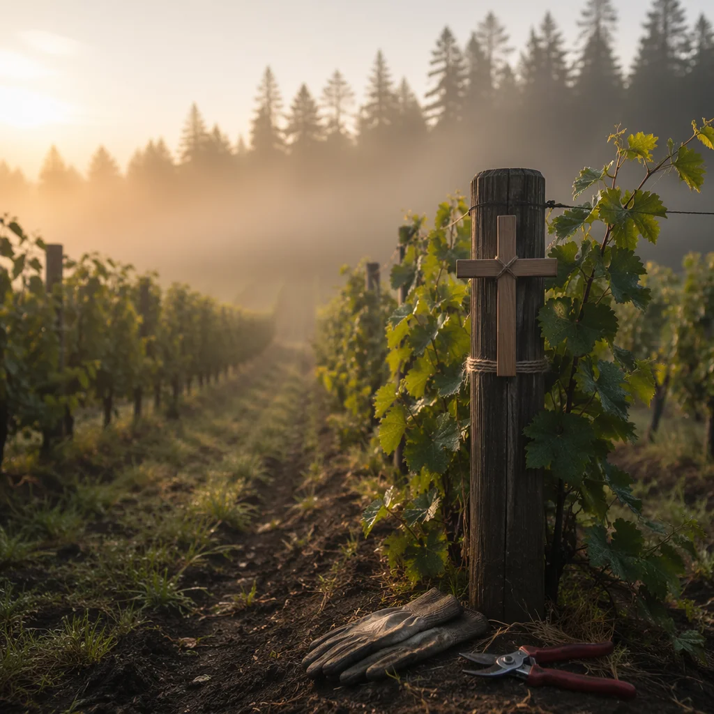 Morning Mist Vineyard with Wooden Cross