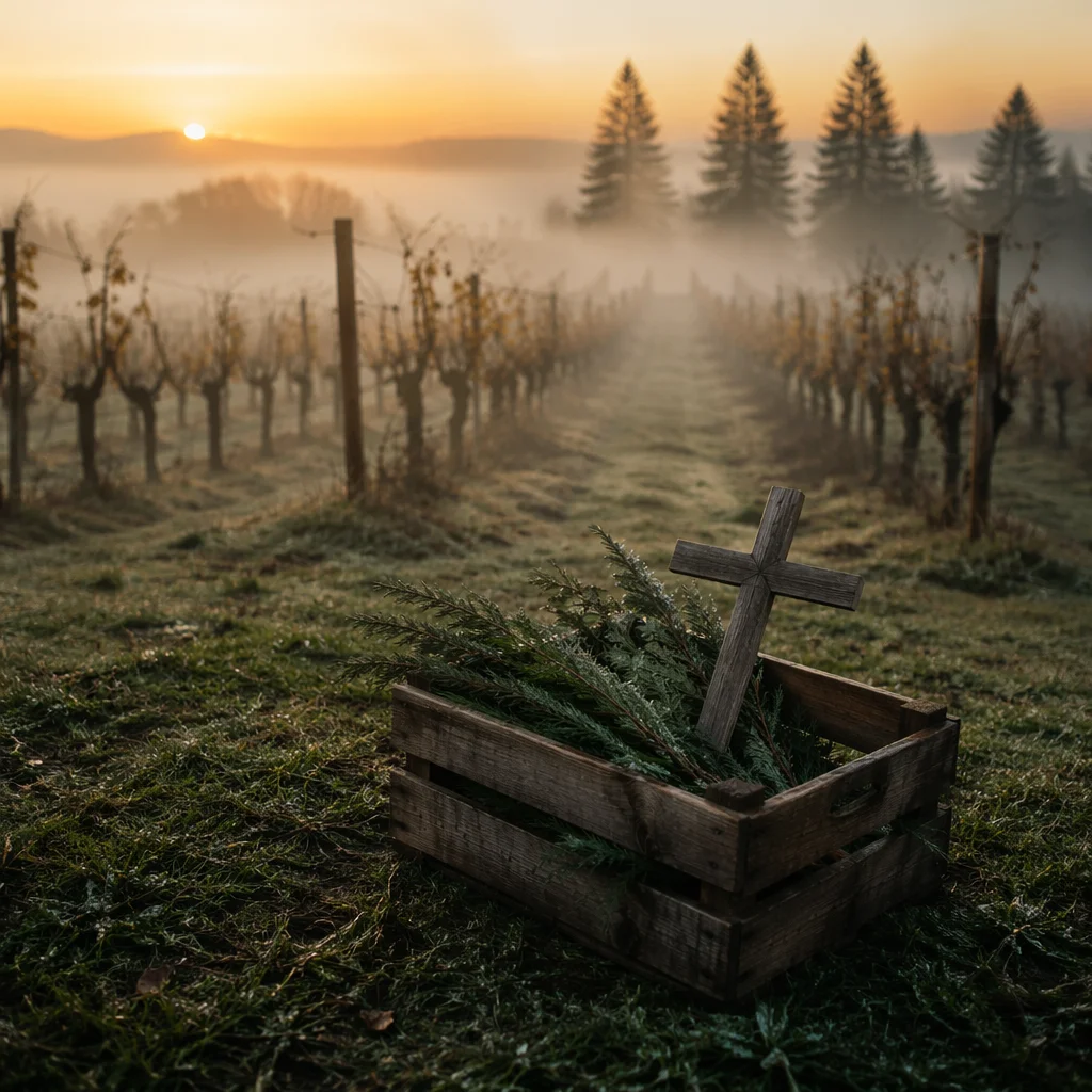 Morning Mist Vineyard with Wooden Cross