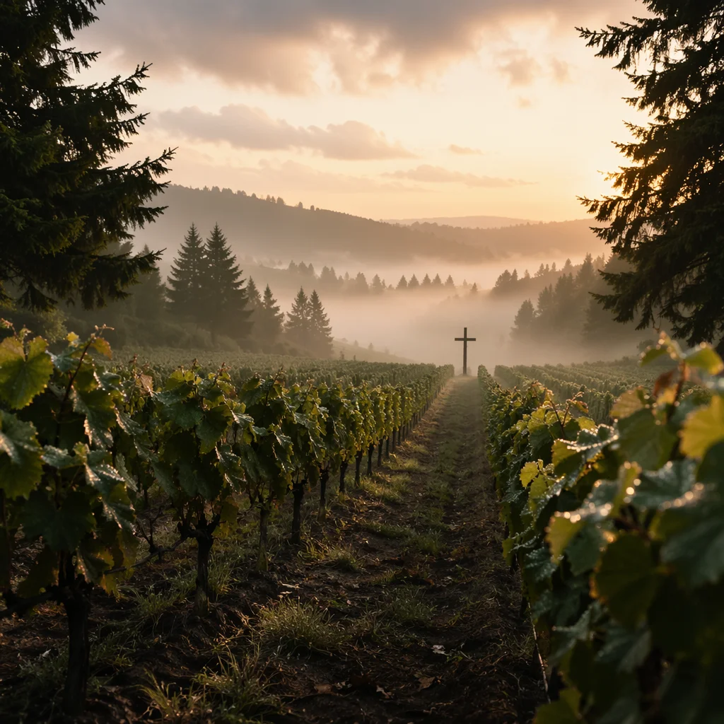 Misty Vineyard Rows with Quiet Wooden Cross