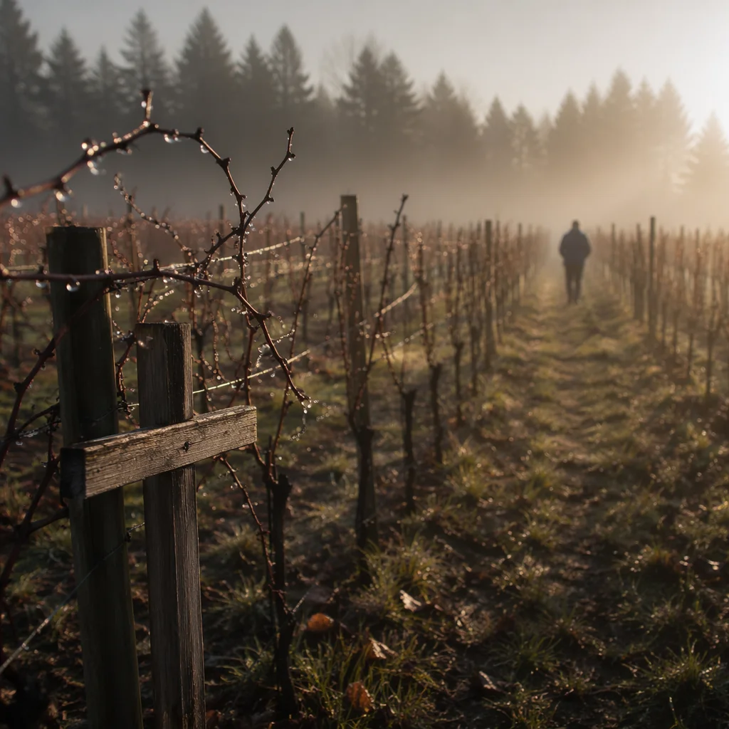 Morning Mist Vineyard with Wooden Cross