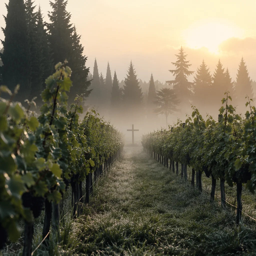 Misty Vineyard Rows with Wooden Cross