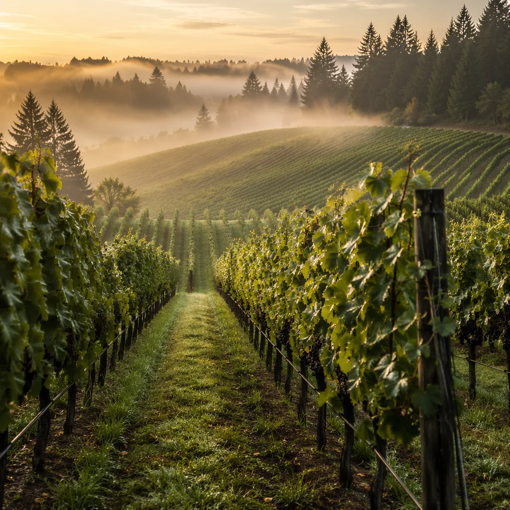 Morning Mist Vineyard with Evergreen Hills