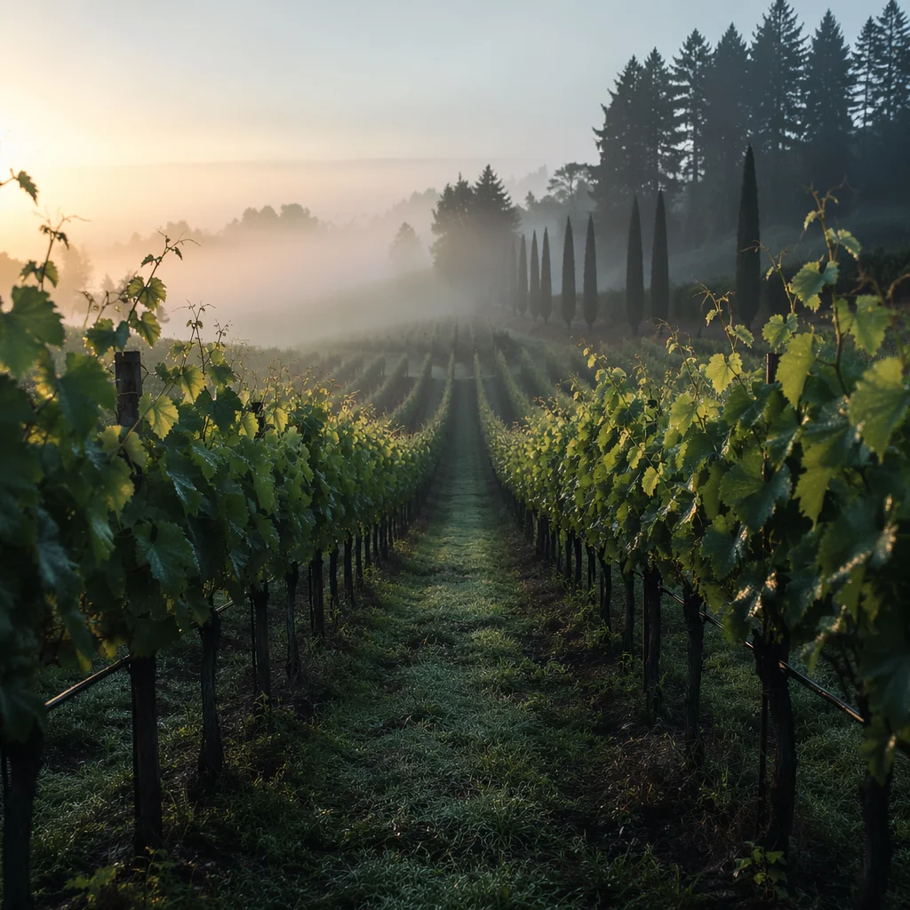 Morning Mist Over Evergreen Vineyard Rows