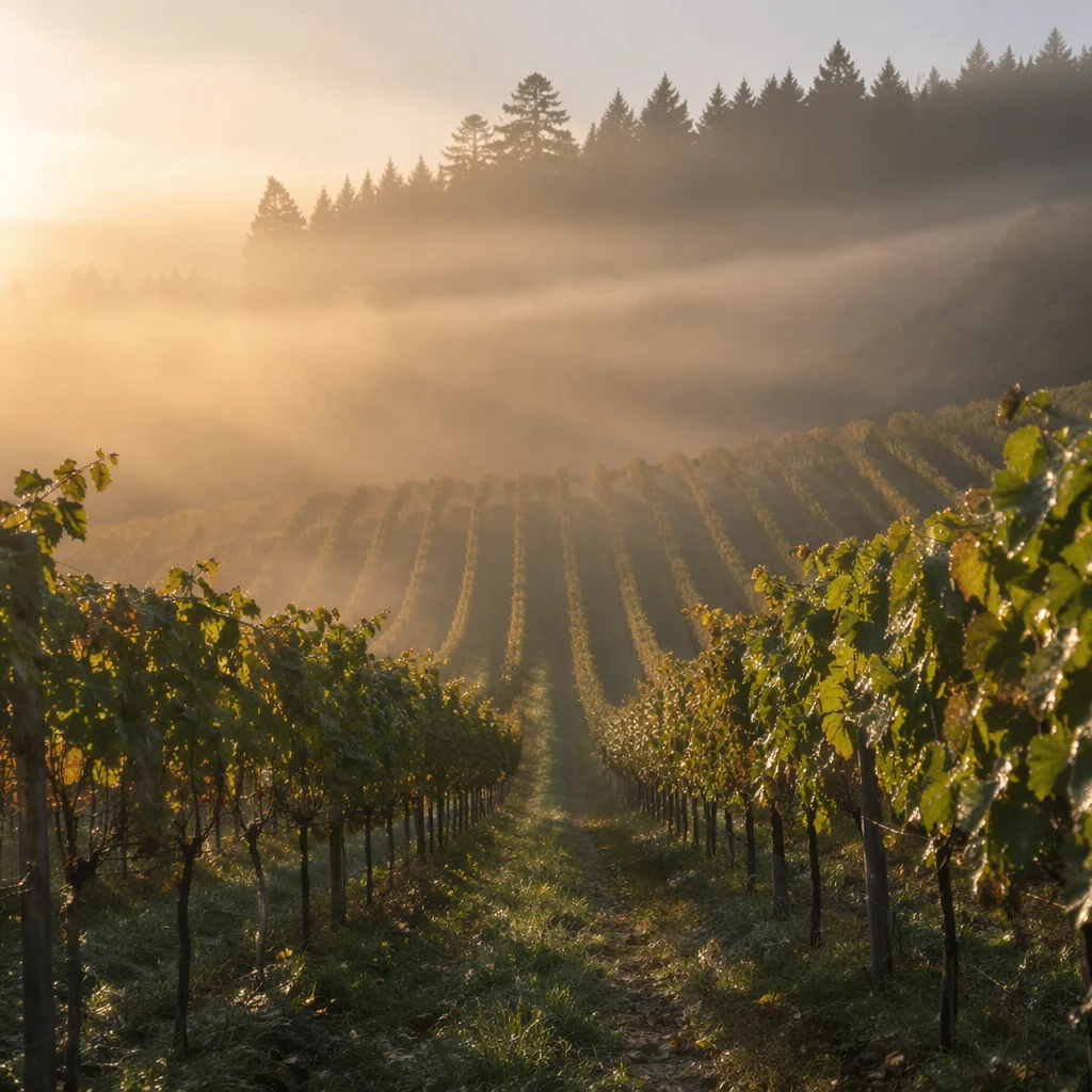 Morning Mist Over Evergreen Vineyard Rows