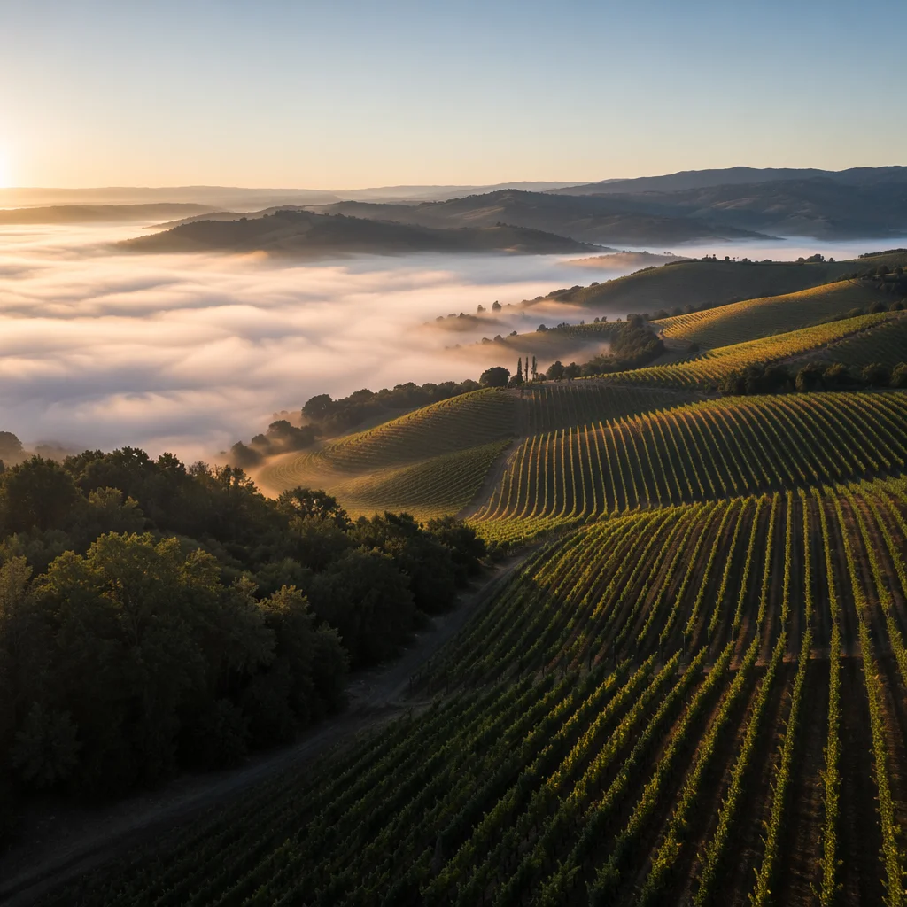 Morning Mist Over Evergreen Vineyard Rows