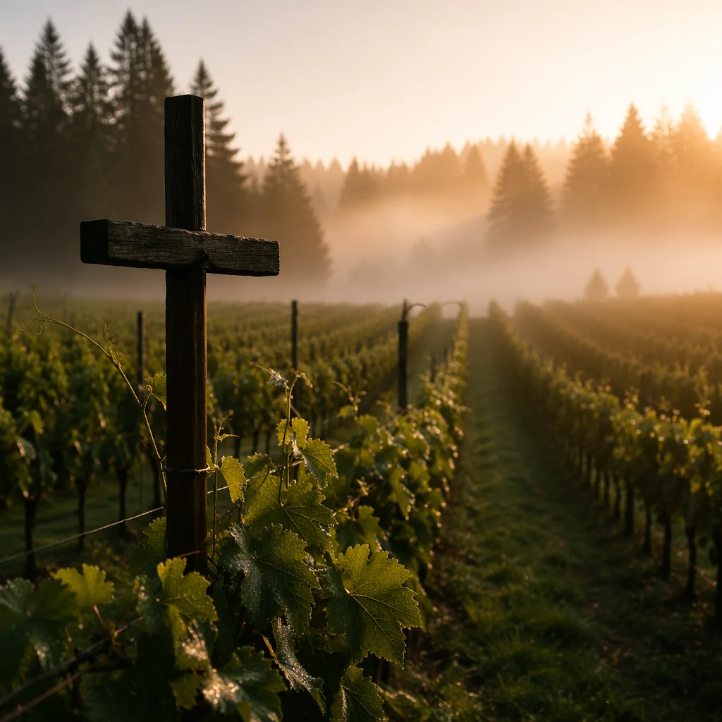 Morning Mist Vineyard Cross at Dawn