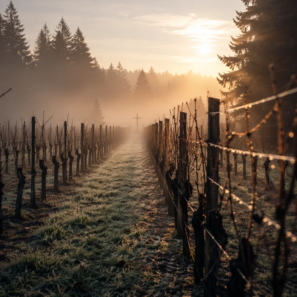 Misty Vineyard Rows Leading to Cross