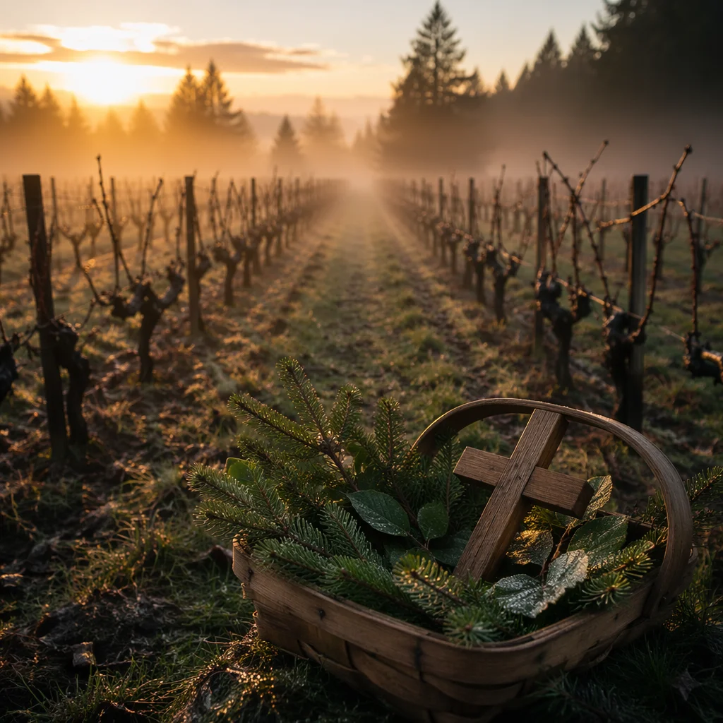 Misty Vineyard Dawn with Wooden Cross