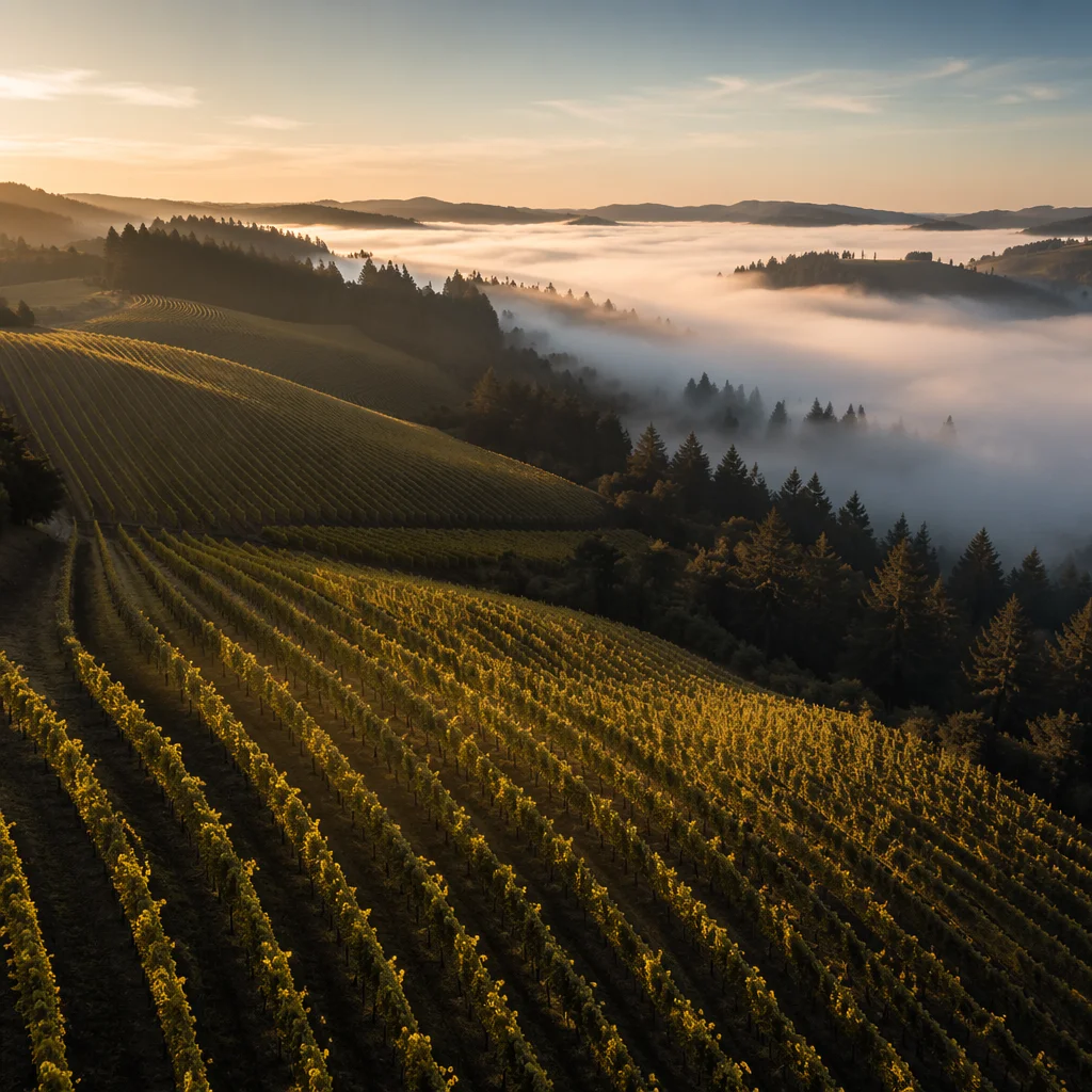 Morning Mist Over Evergreen Vineyard Rows