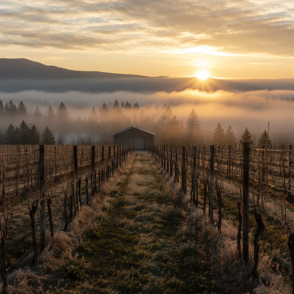 Misty Dawn Vineyard with Evergreen Horizon