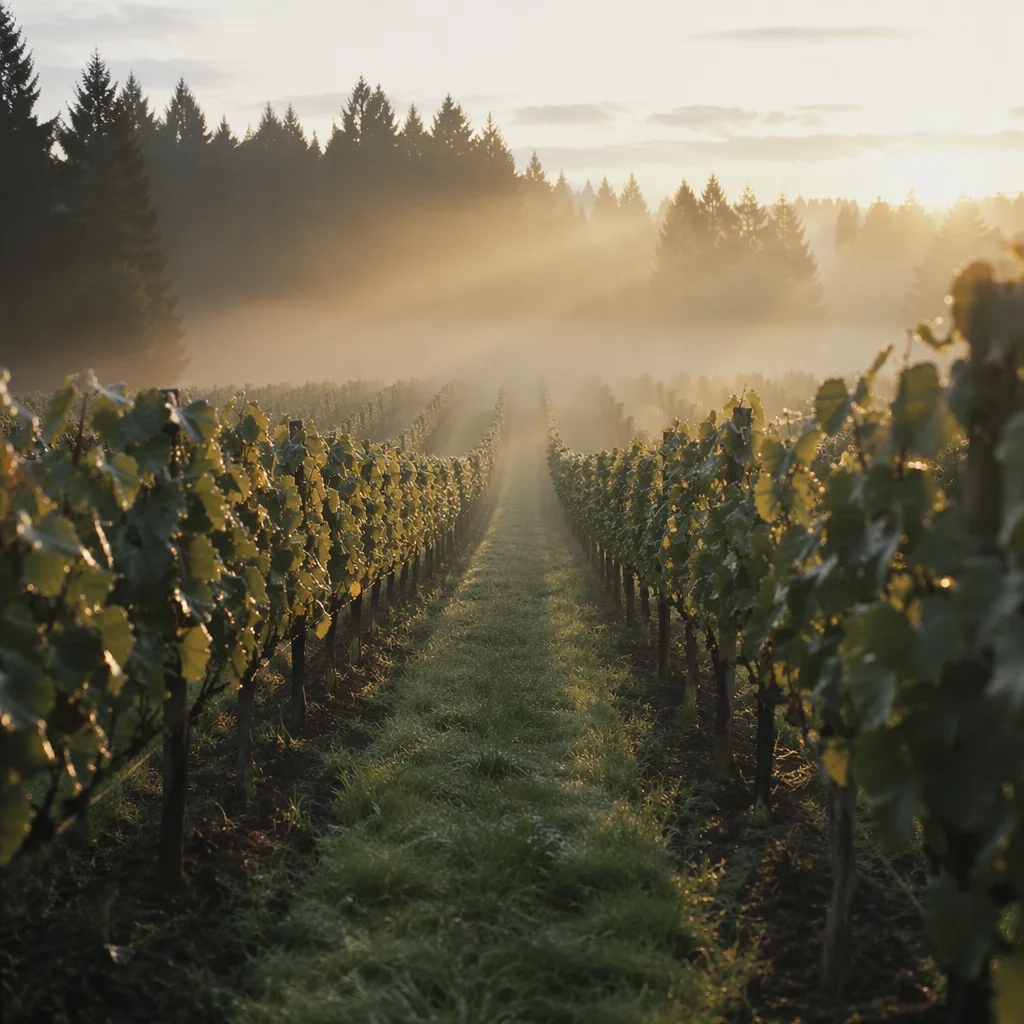 Morning Mist Vineyard Path with Evergreens
