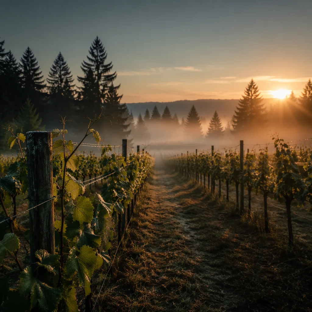 Morning Mist Vineyard Rows at Dawn