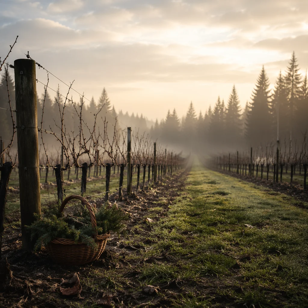 Morning Mist Vineyard with Evergreen Sprigs