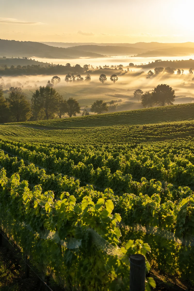 Morning Mist Over Evergreen Vineyard Rows